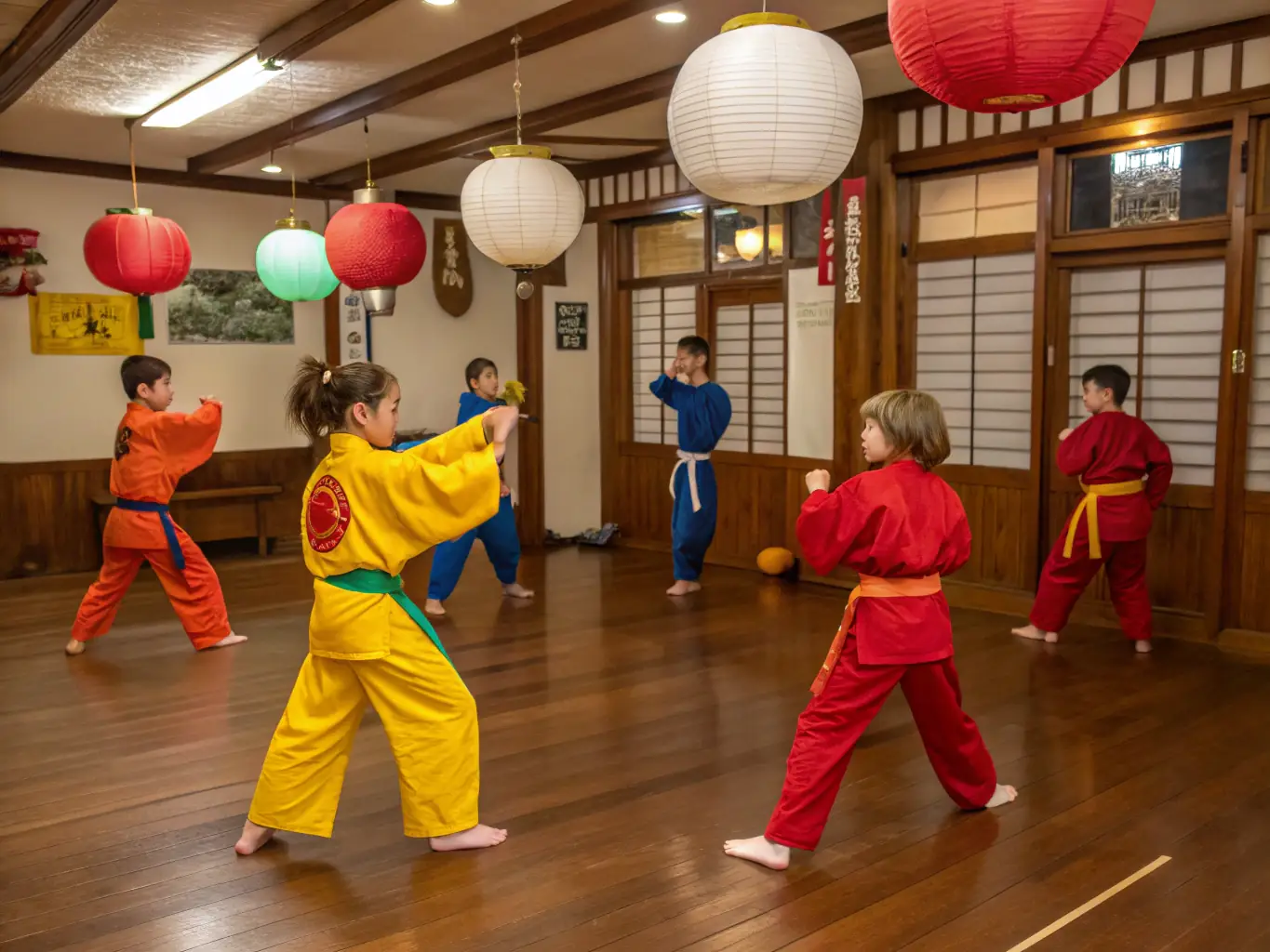 A diverse group of children and adults practicing Karate techniques in a dojo, showcasing discipline and focus.