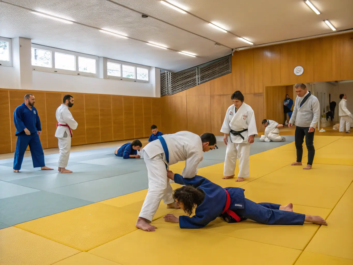 A focused image of participants practicing Judo throws and grappling techniques, highlighting strength and strategy.