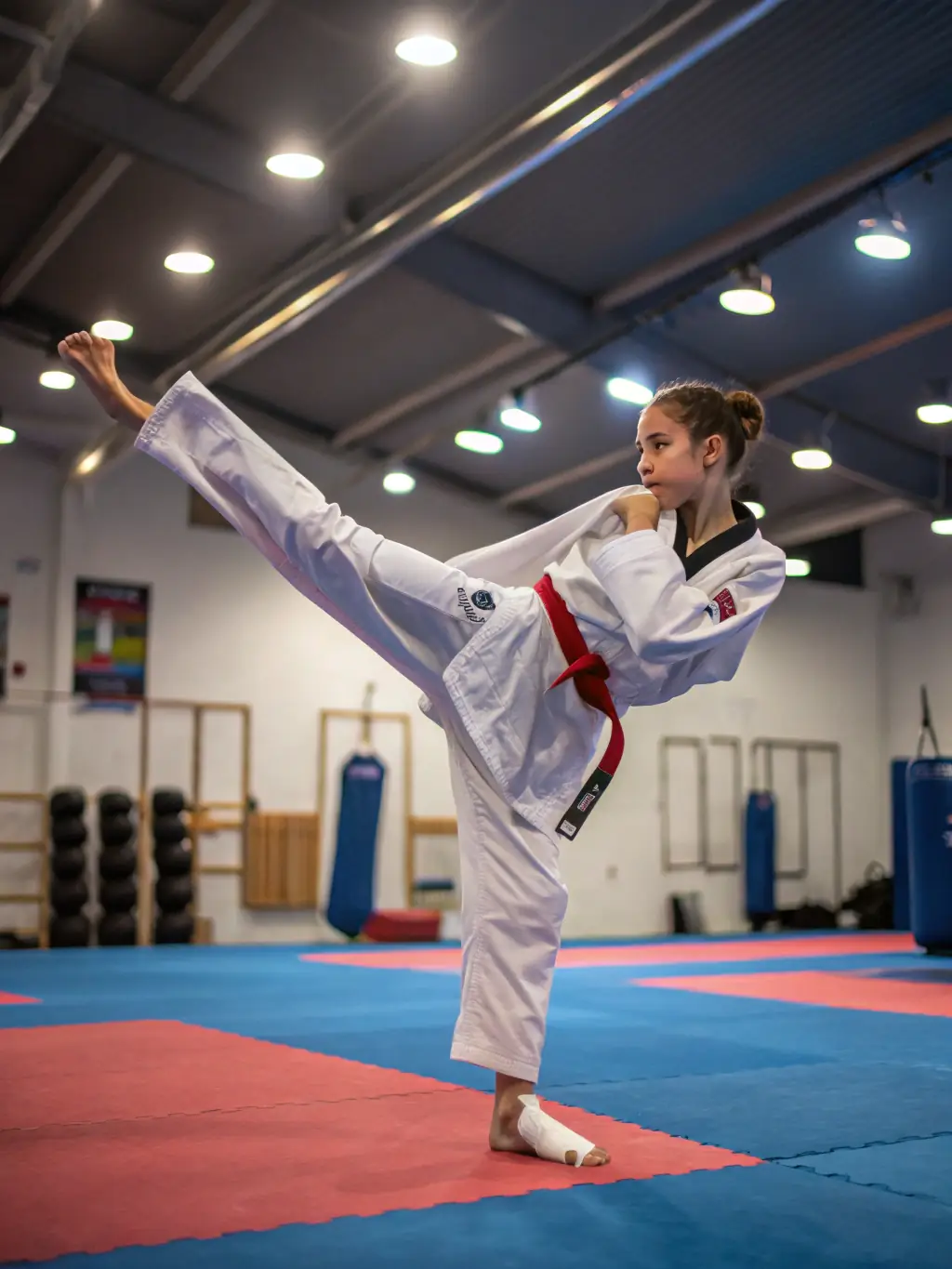 A teenager performing a Taekwondo kick with focus and precision, highlighting the advanced training available at CENTRE D ART MARTIAL POLYVALENT DE SAINTE FEREOLE CAMP 19 SAINTE FEREOLE.