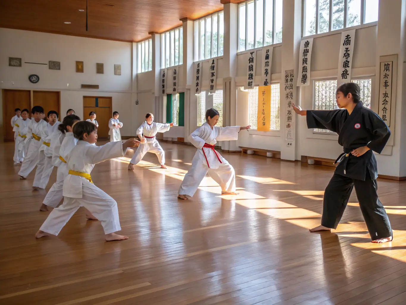 A group of children practicing karate kicks in a dojo, focused and disciplined, with an instructor guiding them. The dojo is clean and well-lit, creating a positive learning environment.
