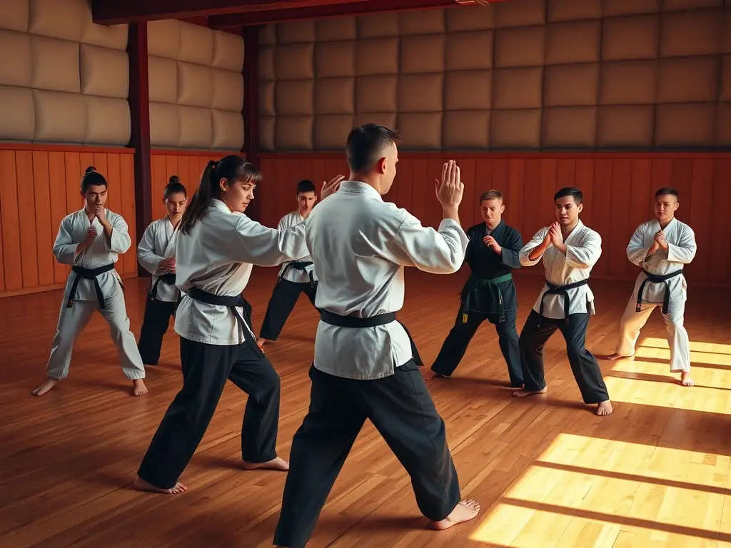 A diverse group of martial arts students practicing a synchronized kick during a training session at CENTRE D ART MARTIAL POLYVALENT DE SAINTE FEREOLE, showcasing the unity and discipline fostered in the dojo.