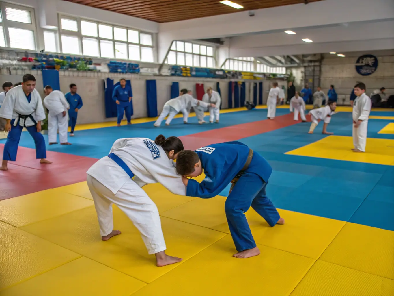 Adults practicing Judo throws in a dojo, demonstrating technique and control. The atmosphere is supportive and encouraging, with experienced instructors providing guidance.