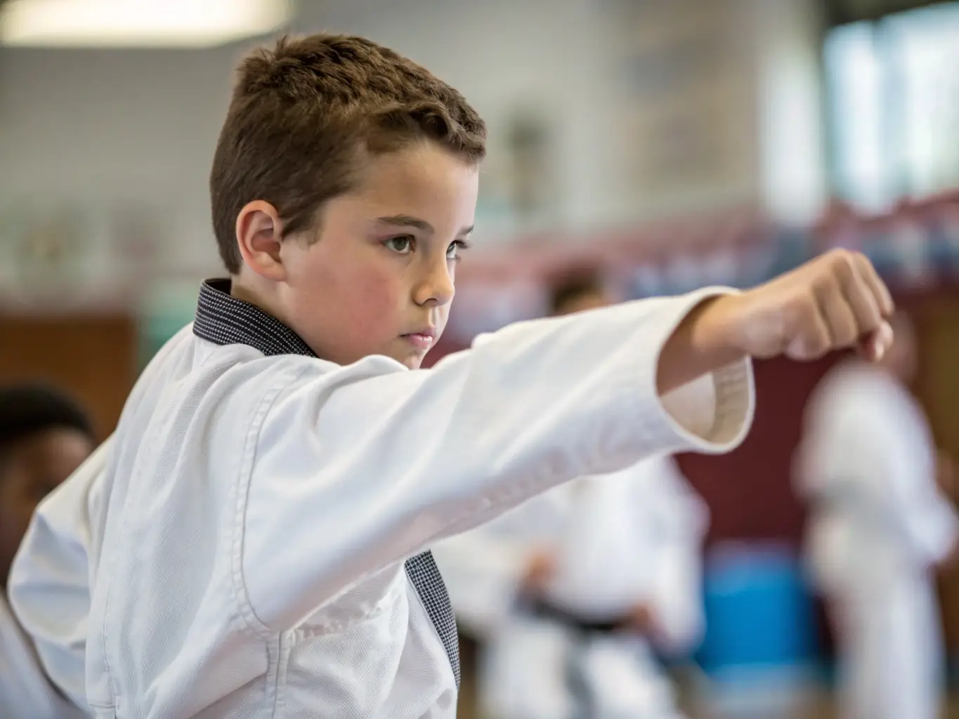 A student at CENTRE D ART MARTIAL POLYVALENT DE SAINTE FEREOLE smiling confidently after mastering a new martial arts technique, reflecting the personal growth and self-esteem gained through training.