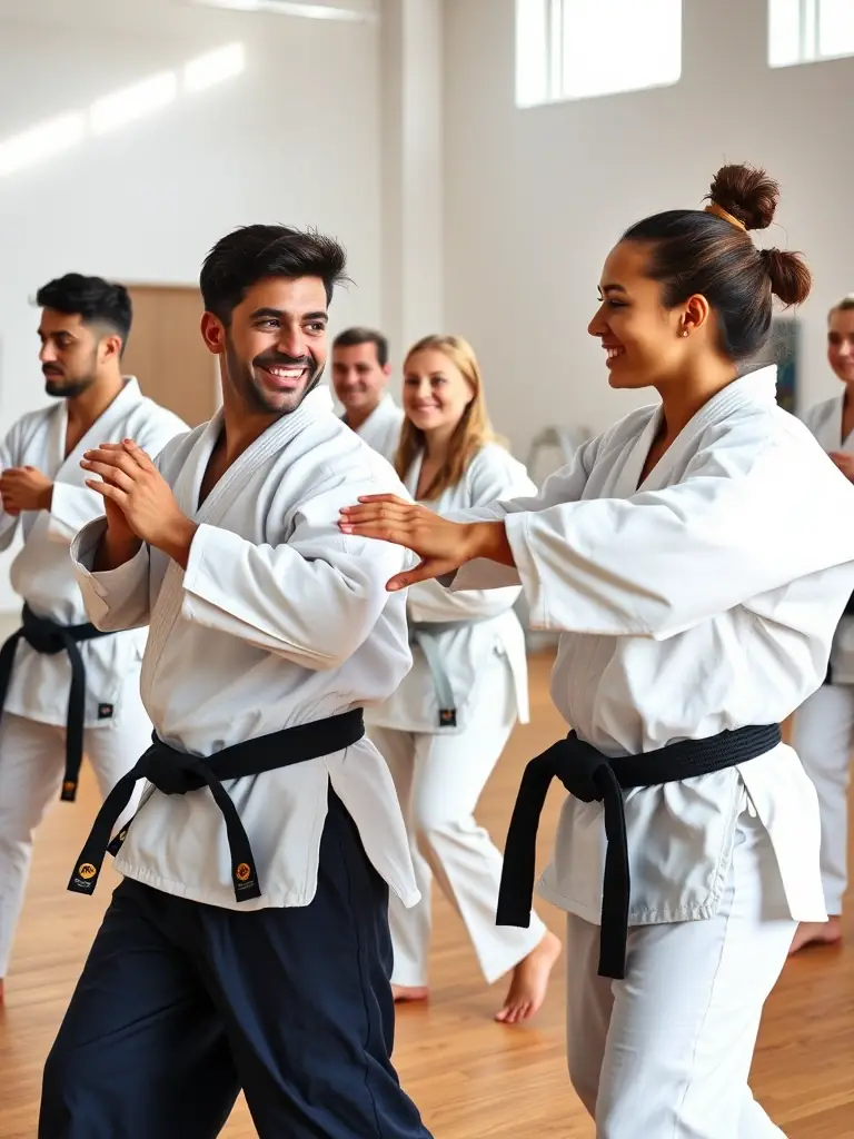 Adults participating in a Judo class, demonstrating throws and grappling techniques, showcasing the physical and mental benefits of Judo at CENTRE D ART MARTIAL POLYVALENT DE SAINTE FEREOLE CAMP 19 SAINTE FEREOLE.