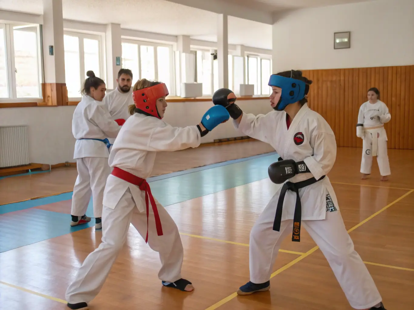 A teenager practicing Taekwondo forms in a dojo, demonstrating precision and power. The background includes supportive classmates and a focused instructor.