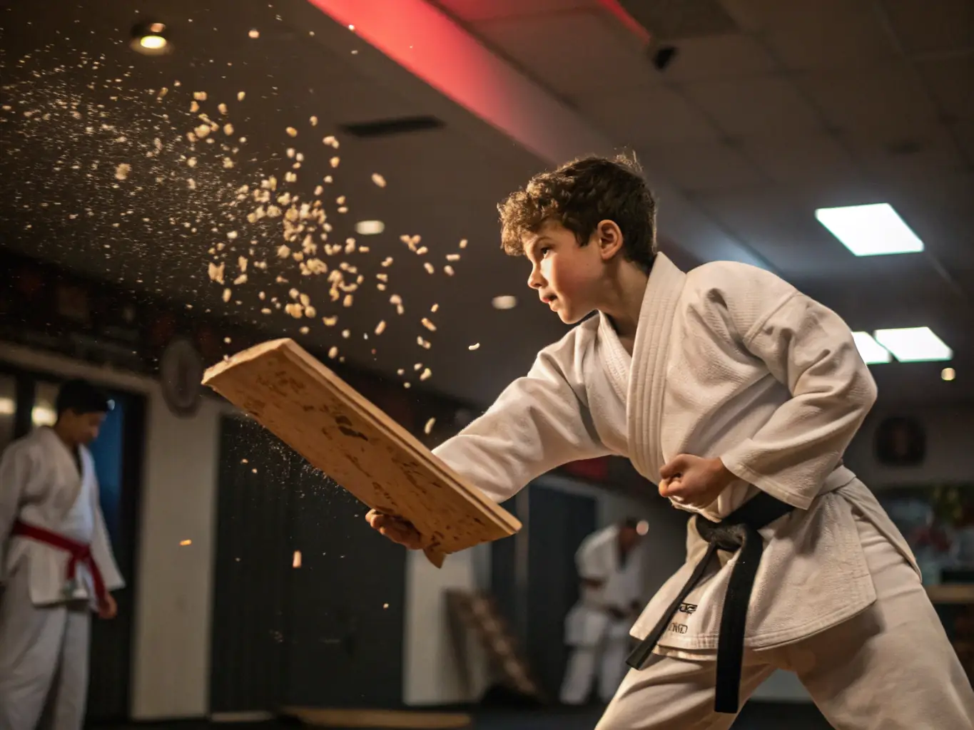 A young martial artist confidently breaking a wooden board during a demonstration at CENTRE D ART MARTIAL POLYVALENT DE SAINTE FEREOLE, symbolizing the discipline and focus cultivated through martial arts training.