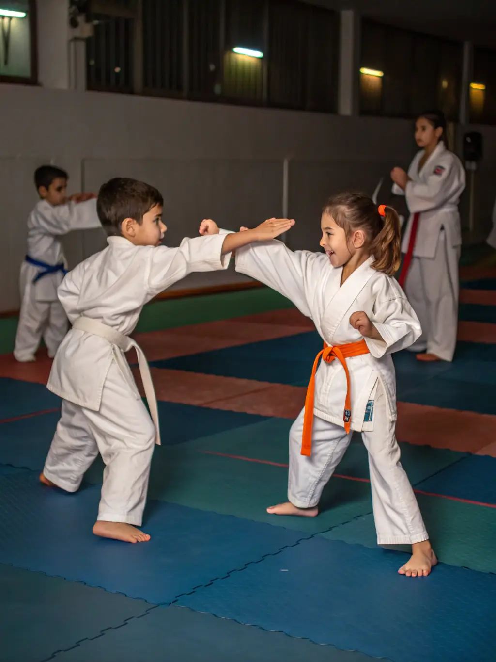 A group of children in karate uniforms practicing basic stances, emphasizing the fun and accessible nature of the kids' program at CENTRE D ART MARTIAL POLYVALENT DE SAINTE FEREOLE CAMP 19 SAINTE FEREOLE.